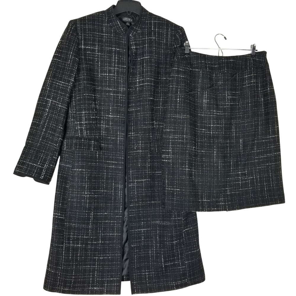 Kasper Skirt Suit Set Women 12 Black White Tweed Longline Jacket Pencil Skirt